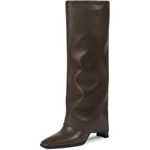 ⚡Women's Brown Fold Over Square Toe Chunky Heel with Half Zipper Long Knee High